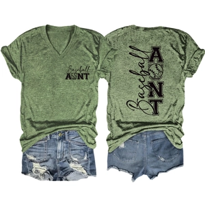 Front and back view of heather green V-neck T-shirt with Baseball AUNT print