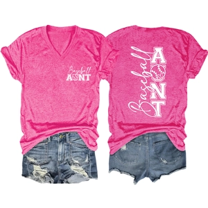 Front and back view of Baseball Aunt V-neck pink t-shirt with denim shorts set