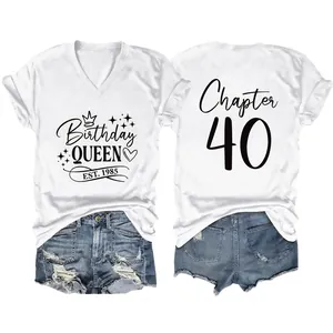 Birthday Queen Est 1985 Women Short Sleeve V-Neck T-Shirt And Distressed Denim Shorts Summer Casual Party Clothes