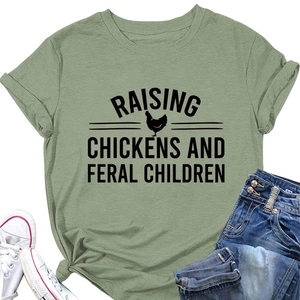 Sage green T-shirt with Raising Chickens text print and knotted hem detail