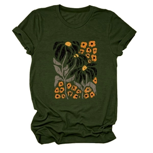 Detail of elegant olive green T-shirt featuring artistic floral print and crew neckline