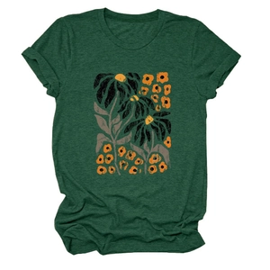 Close-up of floral print and fabric texture on a dark green short sleeve T-shirt