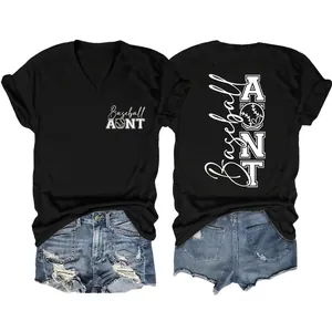 Women Baseball Aunt Printed V-Neck Short Sleeve T-Shirt And Distressed Denim Shorts Casual Summer Cotton Blend Outfit