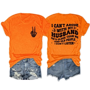 Front and back view of orange cotton t-shirt with skeleton hand print and quote