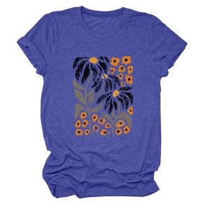 Close-up of hand-painted floral print on navy blue rolled sleeve crewneck t-shirt