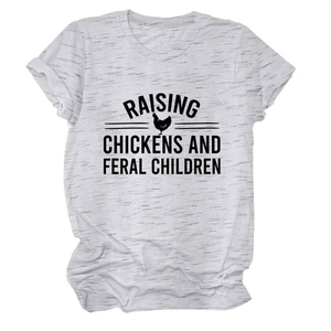 Detail of grey heather t-shirt with Raising Chickens and Feral Children print