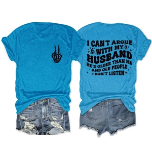 Detail of blue T-shirt back with black humor slogan and distressed denim shorts