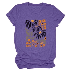 Detailed view of the dark purple round neck T-shirt featuring artistic flower prints