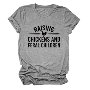 Detail of heather grey cotton T-shirt featuring Raising Chickens and Feral Children print