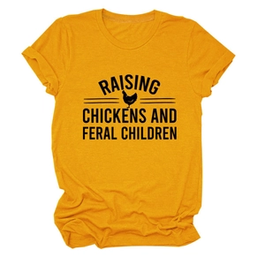 Detailed view of the 'Raising Chickens' graphic print on this yellow cotton t-shirt