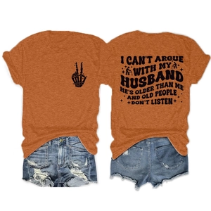 Detailed front and back view of orange cotton t-shirt with slogan and skeleton print