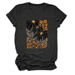 Close-up of elegant floral print on a charcoal grey round neck short sleeve T-shirt