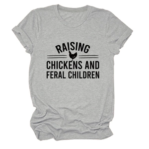 Detail of grey crewneck t-shirt with Raising Chickens slogan and rooster silhouette