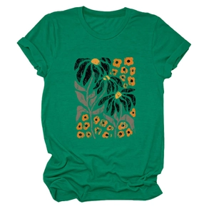 Close-up of emerald green cotton T-shirt featuring hand-painted floral print and rolled sleeves