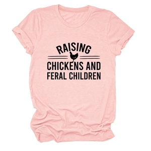 Detail of pink cotton T-shirt featuring Raising Chickens and Feral Children print