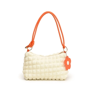 Minimalist popcorn textured shoulder bag in cream white with orange rope handles