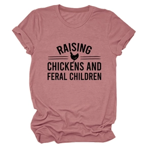 Detail of Raising Chickens slogan print on dusty rose crew neck cotton t-shirt