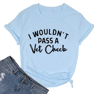 Detail of light blue cotton T-shirt featuring 'I WOULDN'T PASS' graphic and tied hem