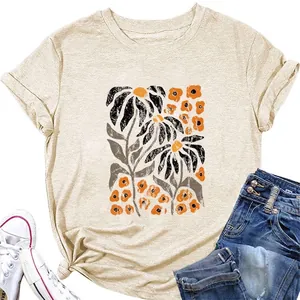 Women T-Shirt Round Neck Short Sleeve Abstract Floral Plant Graphic Print Casual Cotton Blend Summer Top