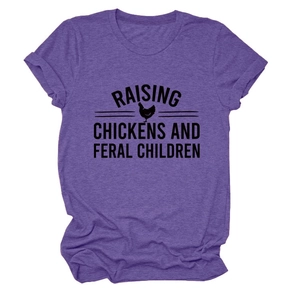 Detail of purple marl T-shirt featuring Raising Chickens and Feral Children text print