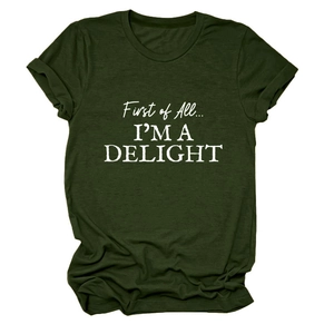 Detail of white text print on olive green cotton crew neck short sleeve T-shirt