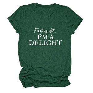 Detail of white slogan print on forest green cotton t-shirt with rolled hem finish