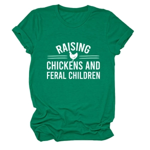 Detail of green cotton T-shirt featuring Raising Chickens and Feral Children print