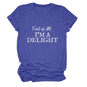Detail of roll-up sleeves and white text print on a purple cotton blend t-shirt