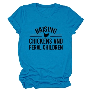 Detail of blue cotton T-shirt featuring Raising Chickens and Feral Children graphic print