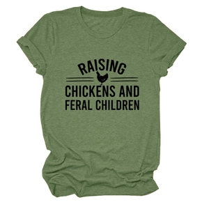 Detail of dark green t-shirt fabric texture and Raising Chickens text print