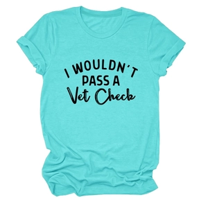 Detailed view of casual crew neck T-shirt with black text print on bright turquoise fabric