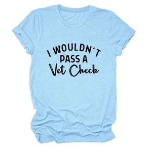 Flat lay of light blue crew neck T-shirt featuring 'I WOULDN'T PASS' bold text design