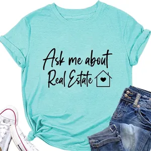 T-Shirt Donna Misto Cotone Casuale Manica Corta Girocollo Stampa Slogan Immobiliare Grafica Casa Top Largo