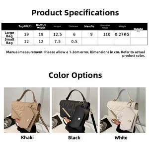 Size chart showing PU leather quilted handbag and small pouch dimensions in centimeters