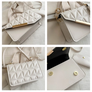 Detailed views of beige quilted crossbody bag with gold hardware and matching pouch