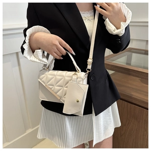 Chic beige quilted shoulder bag for women with matching mini pouch and metal detail