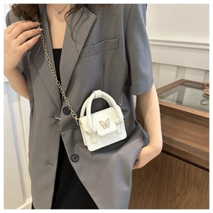 Detail of white ballet-style mini bag featuring a gold butterfly buckle and chain