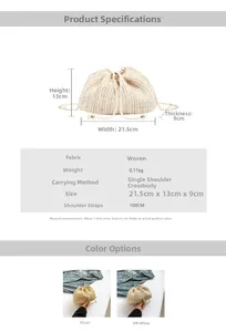 Detailed size specifications for a straw crossbody bag showing 21.5cm width and dimensions
