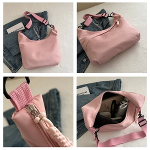 Detailed views of a pink nylon crossbody bag showing large capacity and adjustable strap