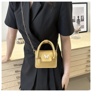 Close-up of golden mini crossbody bag with white butterfly clasp and fine chain strap