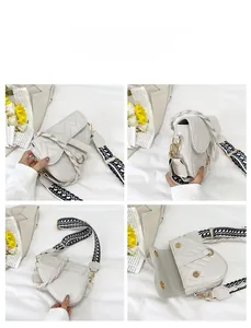 Multi-angle views of cream saddle bag with V-shaped quilting and patterned wide strap