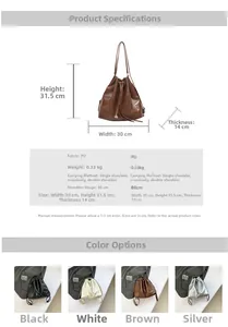 Size chart and technical specifications for large PU leather tote bag and backpack