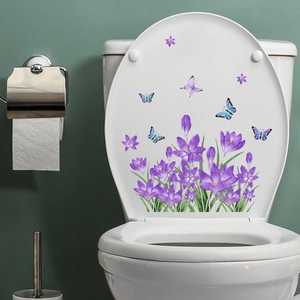 Waterproof purple floral and butterfly wall stickers for bathroom toilet seat decoration