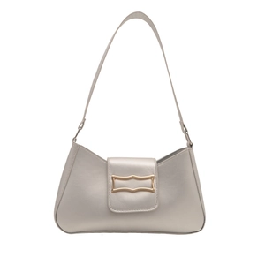 Minimalist light grey matte leather baguette bag with a stylish golden geometric buckle