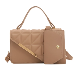 Elegant khaki quilted crossbody bag with golden metal hardware and matching coin purse