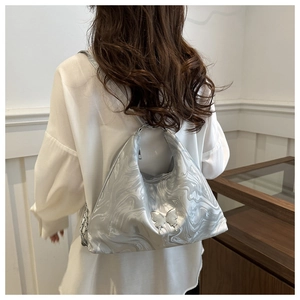 Y2K silver marble pattern crescent shoulder bag with metallic butterfly charm and chain strap