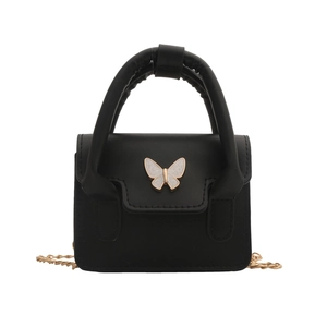 Elegant black matte square mini bag with white enamel butterfly buckle and gold chain