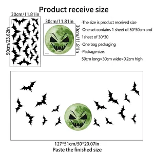 Size guide for Halloween glow-in-the-dark bat and moon wall sticker set dimensions