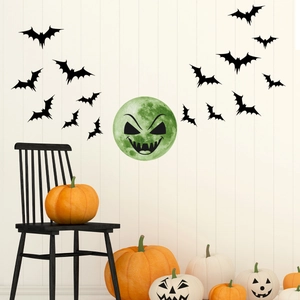 Halloween wall stickers featuring black bats and glowing green moon with spooky pumpkin decor