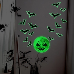 Halloween Glow In The Dark Wall Stickers Luminous Green Moon Evil Face Bat Patterns PVC Removable Luminous Wall Decals Party Decor